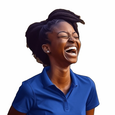 photo-realistic beautiful and physically fit African American woman, age 25, wearing a royal blue polo shirt, laughing at a very funny joke, waist view on white background for vector clipart