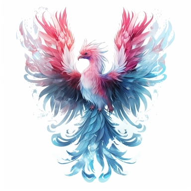 Clipart, sticker, white background, blue and white ice phoenix, in the style of solarization effect, nightcore, soft and dreamy depictions, i can't believe how beautiful this is, mystical beings, dark white and light crimson