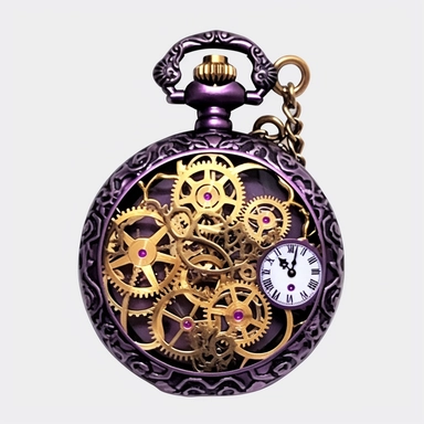 Steampunk pocket watch with a purple face and gold gears, watercolor, Steampunk, dark purple color theme, Detailed, clipart, sweet, png transparent background