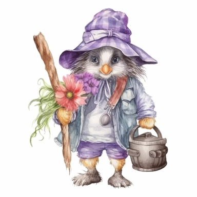a Cute Happy Baby Penguin in clothing in the style of Watercolor Kate Greenaway Clipart, White Background