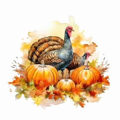 fall turkey and pumpkin cartoon in watercolor clipart on a white background watercolor , in the style of rural america, high resolution, sarah purser, rural life scenes, large canvases, illustration, celebration of rural life , no watermark, text, words, paintbrush, 300 DPI, the images do not stick together, no text in the picture -