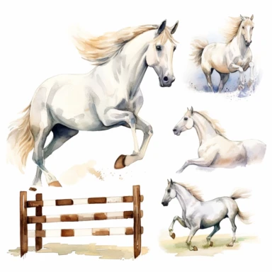 Watercolor horse racing , horse jumping over fence, illustrations clipart set, simple, white horse , cartoon elements, different variants , separate elements with a margin