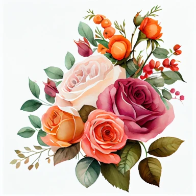one bouquet arranged roses watercolor clipart, the colors are Apricot Orange and Bubblegum Pink arranged clipart, watercolor, 8k, white blank background