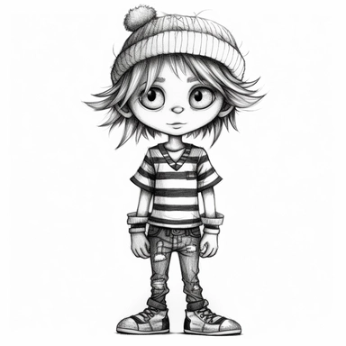 little boy doll style, thin black contour lines, jeans, sneakers, striped hat, spiky hair, cartoon, clipart, cute eyes, illustration for kids, disney,