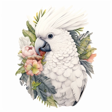 a tropicalpunk white cockatoo, ornate, isolated on a white background, clipart style, by Betsey Johnson, James Jean and Amanda Clarke and Nicoletta Ceccoli and Laine Bachmann, watercolored pencil, 8K,