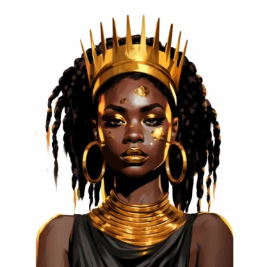 black dark-skin women with short dreadlocks wearing a golden crown staring straight forward with big shiny lips, clip art