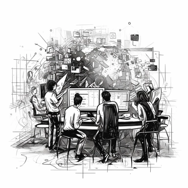 A group of people gathered around a large computer screen, representing a collaborative effort in creating an effective SEO, Google Ads, and lead generation strategy. high-contrast sketch,black and white, strong design elements, clipart