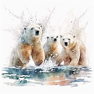watercolor clipart a family Polar Bears playing in the snow in the Arctic regions of Alaska, Canada, Greenland, Norway, and Russia., digital illustration, 8k, hd ar 16:9 v5