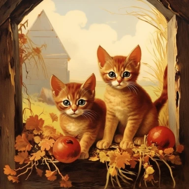 autumn themed abyssinian kittens, vintage clip art