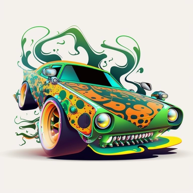 Design a dynamic, anthropomorphic racing car character inspired by the Sour Diesel strain. The character should have vibrant colors and psychedelic patterns, embodying the strain's energetic and uplifting effects. As a clipart cartoon on a white background.