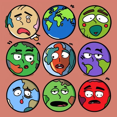 a clipart for the earth day 2023 of earth doing different faces like, angry, happy, excited, interested, sad, sick, concerned, in love, worried and disgusted