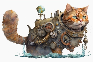 watercolor clipart, A beautiful cat with a steampunk-style mechanical fish in its paws, hd, on white background,
