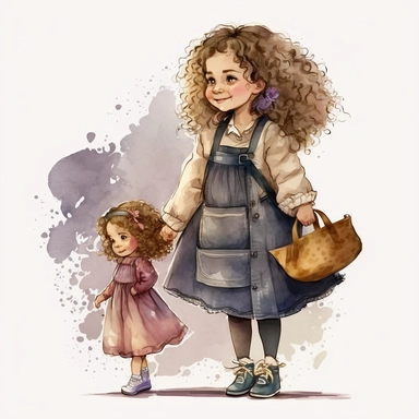 Gaëlle is a european 30 years old mum with blond curly hairs. Enaya is a smiling european 3 years old little girl with nice dark brown curly hairs. they are walking together in the street because Enaya is going to school with her new bag. Watercolor Clipart, full body view, strybk, full Illustration, 4k, sharp focus, watercolor, smooth soft skin, symmetrical, soft lighting, detailed face, concept art, muted colors, watercolor style, strybk, children's style fairy tales, chibi kawaii, . Octane re