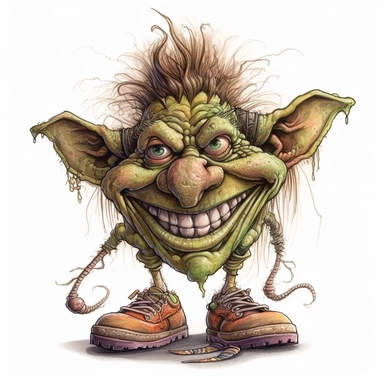 HAPPYCORE detailed illustration of a whimsical magical TROLL creature in a creepy, eerie style with a sense of FUN IN A SPOOKY WAY, featuring large shoes, large eyes, and a big grin, watercolor and ink,clip art, cartoon, 8k, ar 9:8