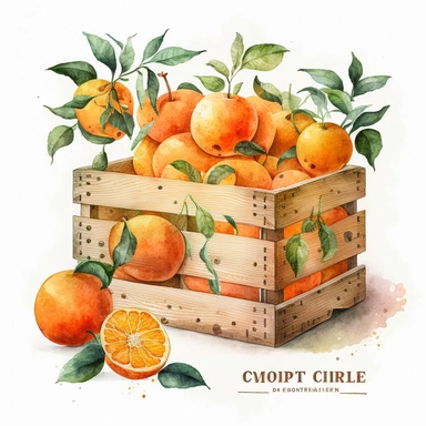 watercolor clipart orange fruit wood crate, white background no text