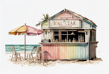 beach bar, summer, pastel color, clipart,clean, watercolor, illustration, detailed, no background,