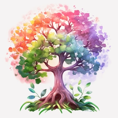green tree with beautiiful flower,leafs, rainbow,watercolor png clipart ar 16:9