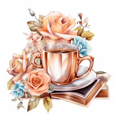 Watercolour rose gold and pastel detailed 3d Handheld Floral Book reading lover, coffee mugs and glasses, surrounded by beautiful roses and Swarovski crystals and diamonds, svg clipart style, solid white background, clipart element, clipart style highly detailed beautiful