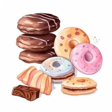 Clipart de galletas de chocolate dulce acuarela. Ilustraciones de galletas de postre pastel. Prediseñadas imprimibles del logotipo de la panadería casera Imágenes prediseñadas de la fiesta de cumpleaños.