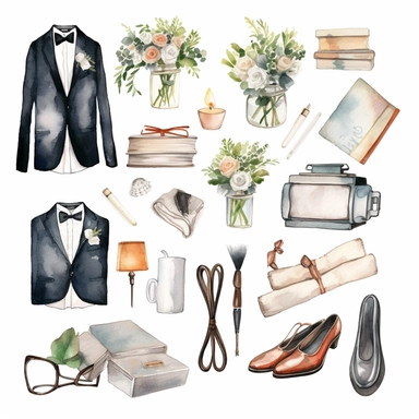 prom, school prom , watercolor white background clipart set single elements with margin