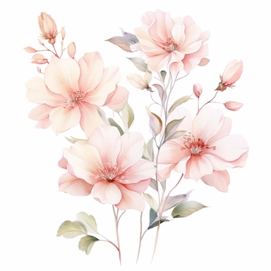 floral light pink flowers for wedding invitation design clipart, watercolor pastel style, white background