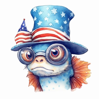 Fish chipi wearing glasses, hat, 4th of july style, isolated style by Lucy Fleming, watercolor, smooth gradients, black contour outline, ultra detailed, clipart elements, delicate pastel colors, solid white background, super clear, high quality