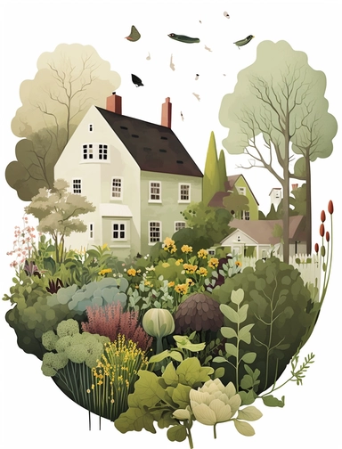 lovely suburban residential vegetable garden with flowers, in the style of Ryo Takemasa, xuan loc xuan, Lisa Audit, Anastasia Suvorova, Jon Klassen, greg tocchini, Depaysement, fantastic realism, tranquil and serene, anemoia, white background, vector, clipart, elaborate, ultra-detailed, best quality illustration, well composed, vibrant colors, high definition, UHD