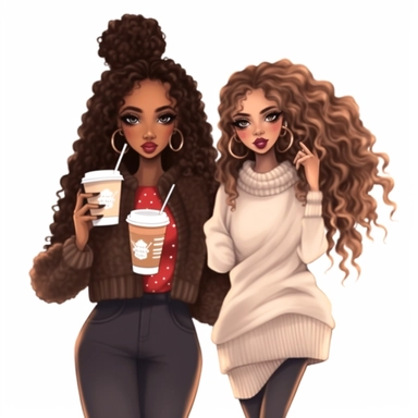 christmas african american best friends long curly hair clipart girlfriends,full body, fashion, pretty face. holding Chanel purse and Starbucks coffee illustration