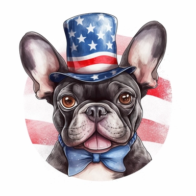 sticker, white background, french bulldog, open mouth, in style Independence Day in usa, hat with an american flag, clipart