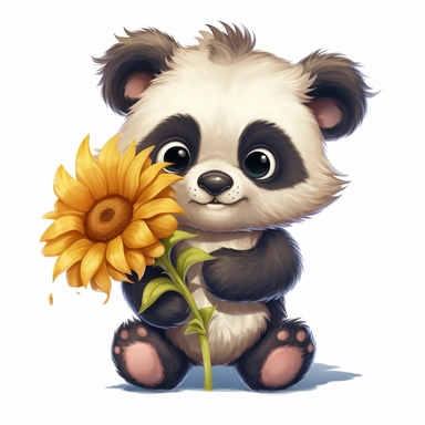cute fluffy baby panda holding a sunflower, disney style, clipart on white background, no shading, clear outlines