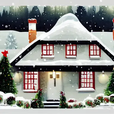 christmas, cute English country cottage, symmetrical, winter, snow, watercolor, clipart
