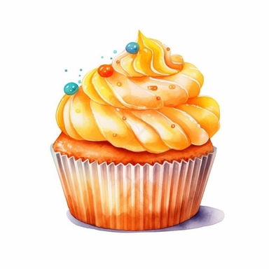 on white background cute and vibrant clipart featuring orange cupcake in watercolor style, hyper realistic photo flat color