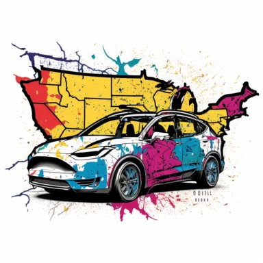 clipart pops of color outline of the state of indiana w/ tesla model y crashing through
