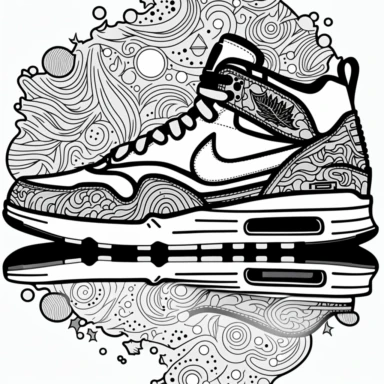 Coloring Page of a 3D Nike Air Jordan 3, hippie style, psychedelic poster art, hippie landscape, groovy pattern background, clipart black and white, simple outline