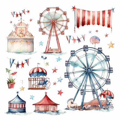 watercolor clipart set 4th of july fireworks, carousel, banner, rides, white background, photo realistic