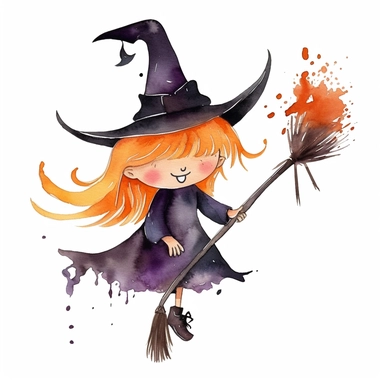 watercolor halloween clipart - watercolor cute witch on broomstick - halloween clipart, single design