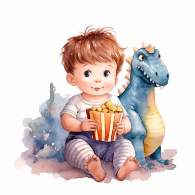 Cute baby boy and dinosaur enjoying movie night with popcorn watercolor Clipart