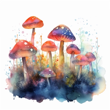 different types of fantasy mushrooms glowing in a dark forest, colorful fog, floating sparkles, bush, in style of watercolor clipart, white background, high detail, 4k