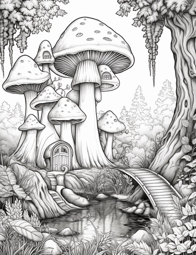 coloring book page, isolated images, illustrations on a white background, Enchanted Forest, waterfall, mushrooms, castle, Clipart, Fairy Forest, greatest for coloring , coloring book page, realistic, bridge, isolated, fussy cuts, highly detailed, hdr, 32K, photo expert quality, coloring book page, realistic, hyperrealistic and highly detailed, isolated on a white background