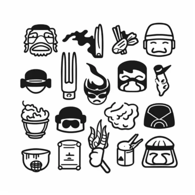 a set of black line clipart inspired by sushi and zombies and muppets and Care Bears and Funko Pop toys