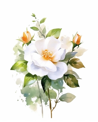 watercolor sketch of Tea Rose with white flower composition, clipart, clean and simple design, realistic color scheme, high-contrast image, white background,