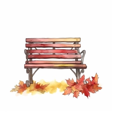 Design a clip art image in a watercolor style showcasing the beauty of autumn, with richly textured leaves in shades of red, orange, and gold, and a rustic wooden bench adorned with subtle watercolor washes. Ensure that the image format is PNG and there is a transparent background style by Lucy Fleming, watercolor, smooth gradients, black contour outline, ultra detailed, clipart elements, delicate pastel colors, solid white background, super clear, high quality