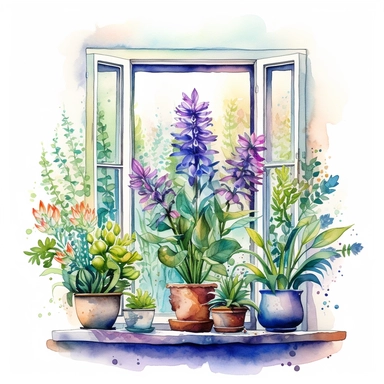 home flowers standing front of a big boho style window with watercolor effect,suitable for digital clipart,white background,greenery plants,home style plants,vibrant scene