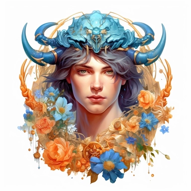 man with animal crab, zodiac sign - Cancer, beautiful face, flowers, Gilded, blue color, high quality, clipart, white background, Artgerm
