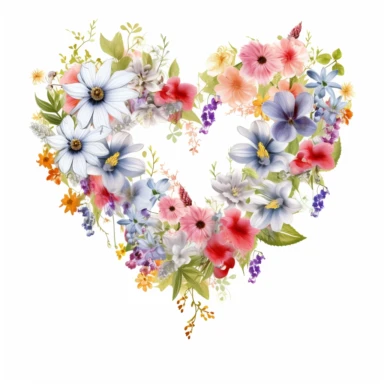 summer flowers clipart, heartshape, love, white background, climbing, spreading,