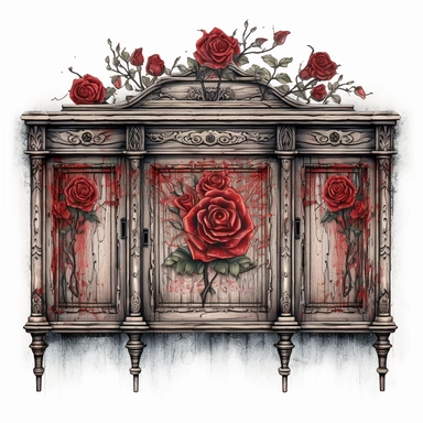 A beautifully weathered vintage sideboard, its timeworn surface showcasing the craftsmanship of a bygone era. The weathered wood and intricate carvings add character, and an abundance of vibrant red roses graces the top, infusing the piece with timeless elegance. White background, clipart, watercolor, intricate detai