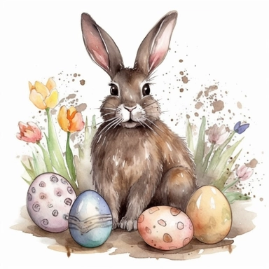 clipart watercolor sketch illustration of adorable brown bunny with pastel easter eggs and flowers around him, loose charcoal lines, dry brush strokes, splashes of paint