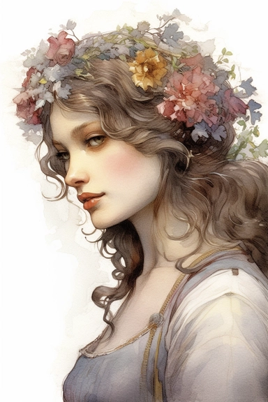 watercolor clipart Highly detailed portrait, 2/3 profile, linen canvas, flowers, pencil line drawing with coloured ink wash, happy mediterranean girl, character study, detailed character design, perfectly centered, renaissance, medieval, lush curls, sharp focus, high definition, soft diffuse lighting, chiraroscuro, 16k, Charlie Bowater, John William Waterhouse, Krzysztof Lukasiewicz