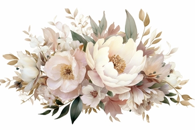 Dusty pink and white flowers, peonies, austin roses, big blooms, with muted green whispy foliage with gold flicks, elegant and beautiful floral clipart for wedding invitations, delicate, watercolor, oil painting, defined edge on white background