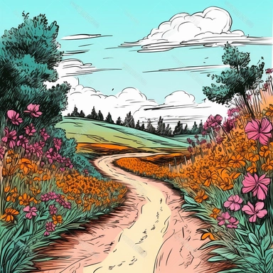 beautiful whimsical hand drawn illustration with ink outlines country road with flowers in the style of Natural Life and Anthropology, epic composition, pen and ink drawing, clipart, bright summer color palette, borders, badge on white background
